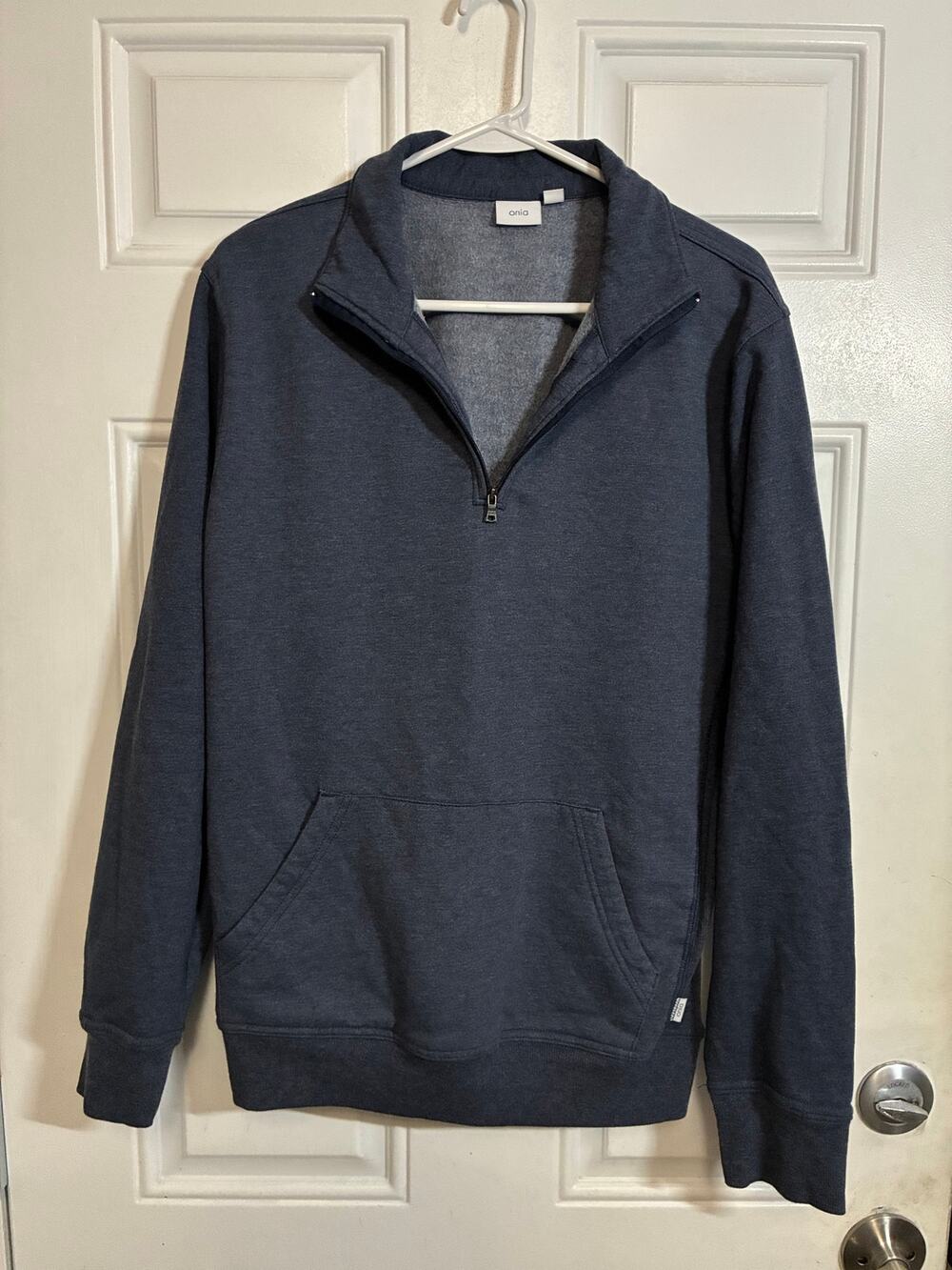 Onia Mens Medium Navy Blue Quarter Zip Pullover Cotton Blend Sweatshirt